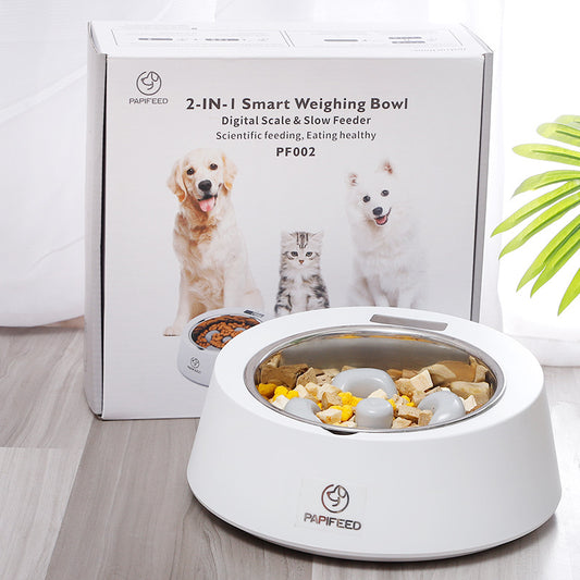 Papifeed 2-in-1 smart weighing slow feeder dog bowl with digital scale and slow feeder on a wooden surface, next to its packaging.