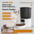 Pet feeder with a cat sitting next to it, featuring text about its features.