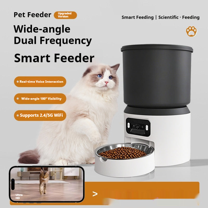 Pet feeder with a cat sitting next to it, featuring text about its features.