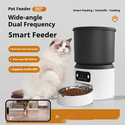 Pet feeder with a cat sitting next to it, featuring text about its features.