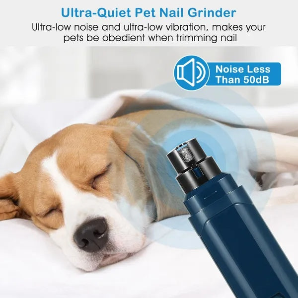 Pet nail grinder being used on a sleeping dog with text about noise level and vibration reduction.