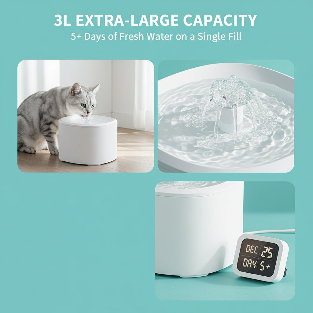 Pet water fountain with a cat drinking from it, showing its large capacity and digital timer.