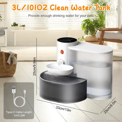 Pet water fountain with dimensions and cable length on a tiled floor.