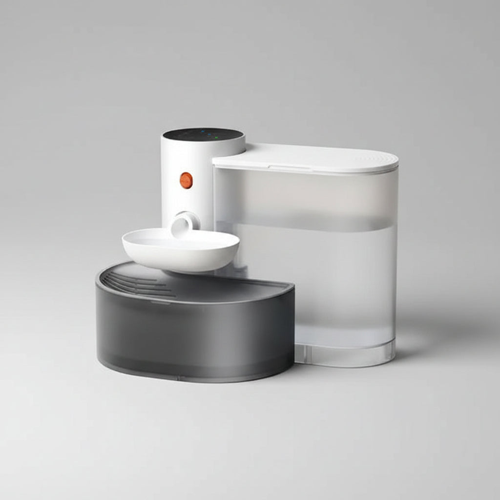 Pet water fountain with features and illustrations on a white background