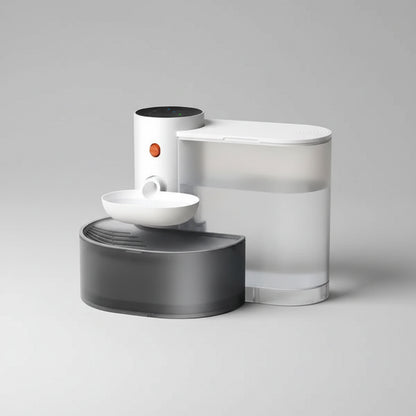 Pet water fountain with features and illustrations on a white background