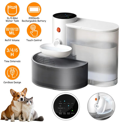 Pet water fountain with features and illustrations on a white background