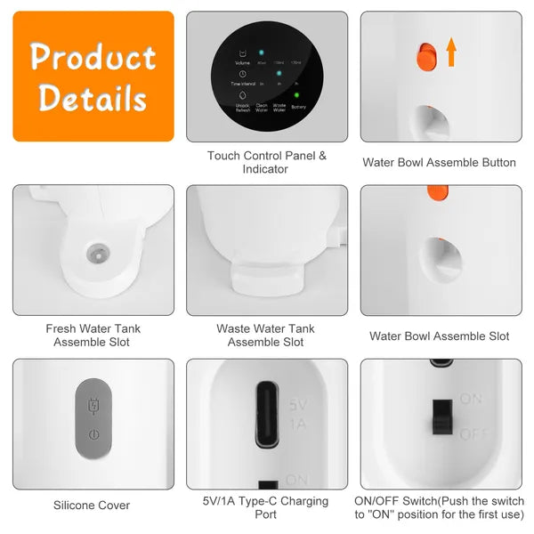Product details of a pet water bowl system with labeled components.