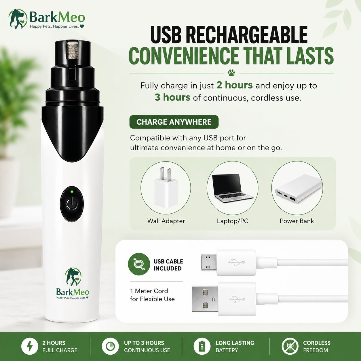 Rechargeable pet grooming trimmer shown on a light green and white promotional background with feature callouts, charging icons, and included accessories.