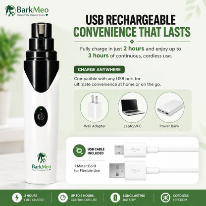 Rechargeable pet grooming trimmer shown on a light green and white promotional background with feature callouts, charging icons, and included accessories.