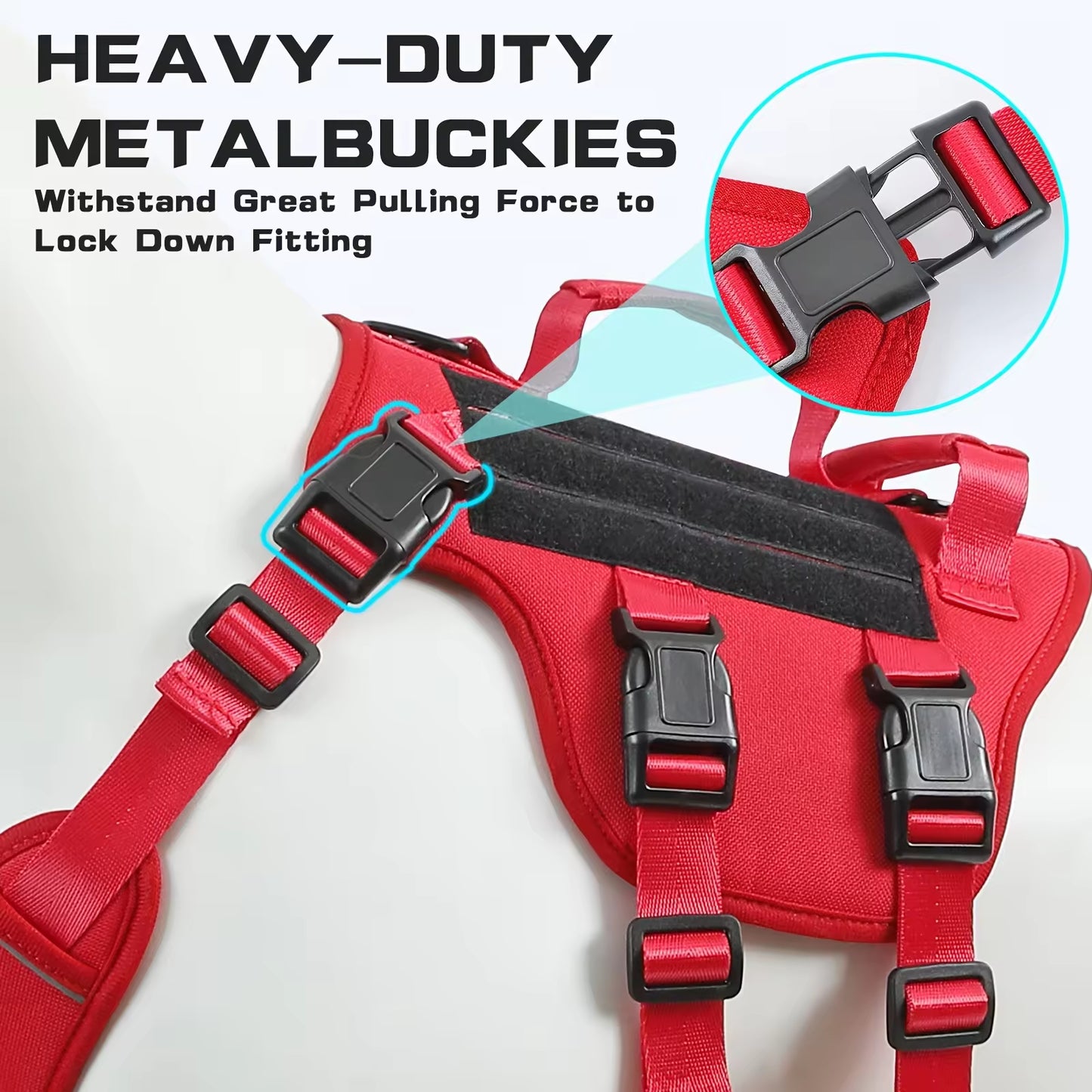 Red dog harness with black metal buckles on a white background
