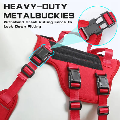 Red dog harness with black metal buckles on a white background
