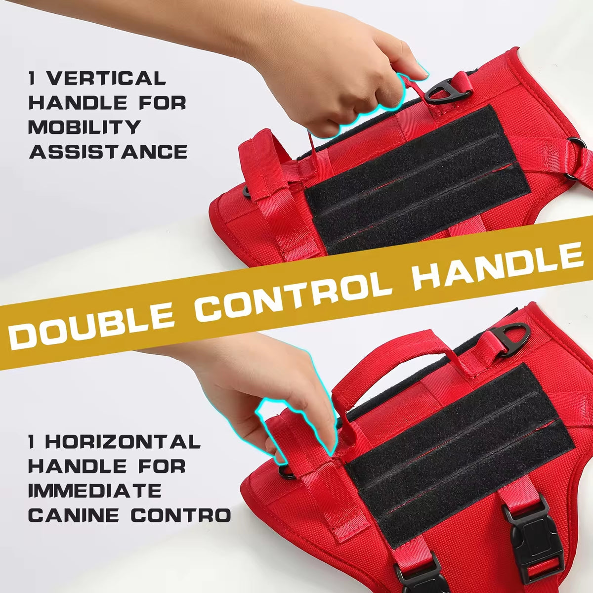 Red dog harness with handles for mobility assistance and canine control, on a white background.