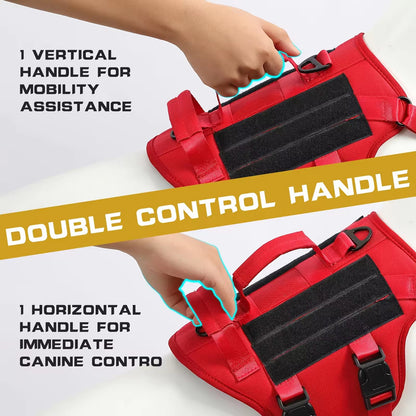 Red dog harness with handles for mobility assistance and canine control, on a white background.