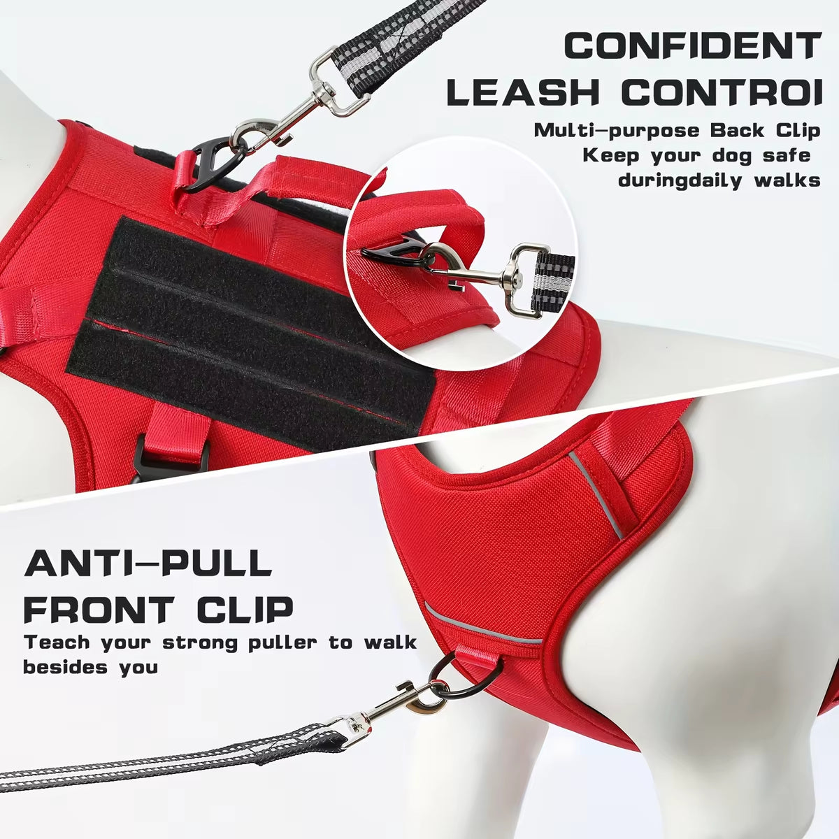 Red dog harness with leash control features on a white background