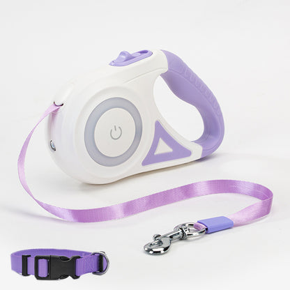 Retractable dog leash on collar set with purple accents on a white background
