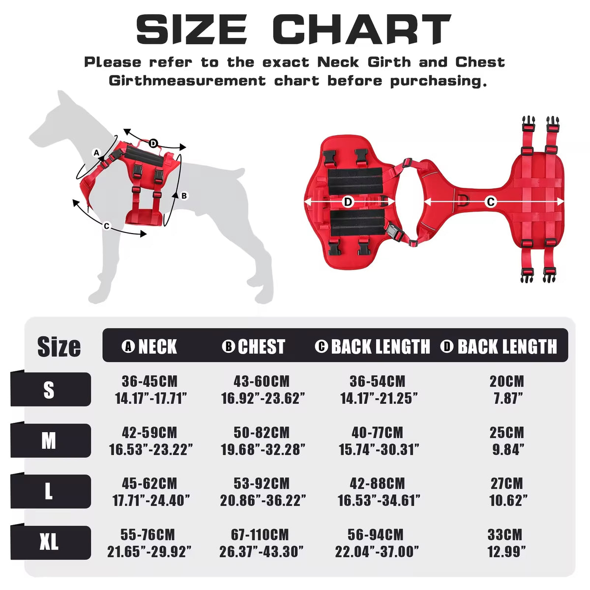 Size chart for a red dog harness with measurements and a gray dog silhouette.
