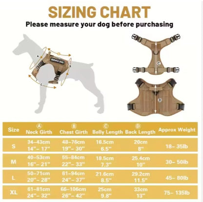 Sizing chart for a dog harness with measurements and a diagram of a dog wearing the harness.