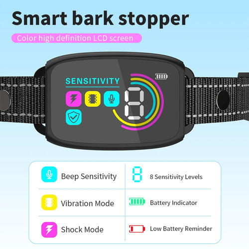 Smart bark stopper with digital display on a light blue background