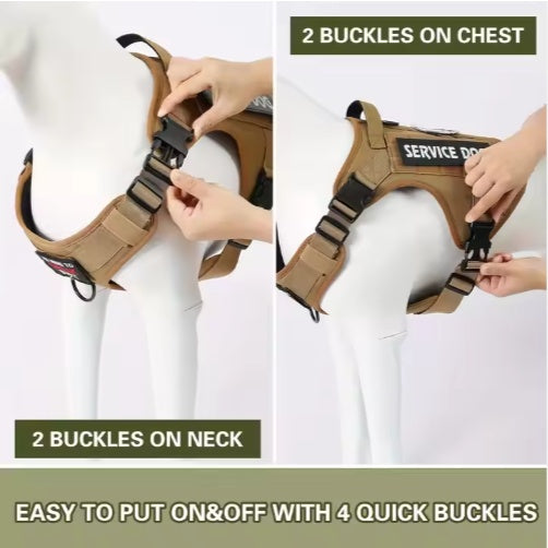 Tactical dog harness with buckles on chest and neck, easy to put on and off.