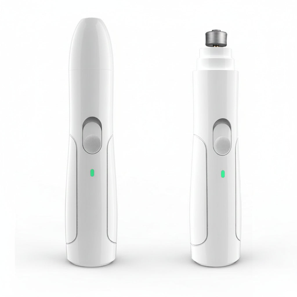 Two white electronic pet nail grinder devices with green indicator lights on a white background