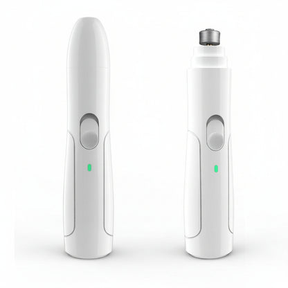 Two white electronic pet nail grinder devices with green indicator lights on a white background