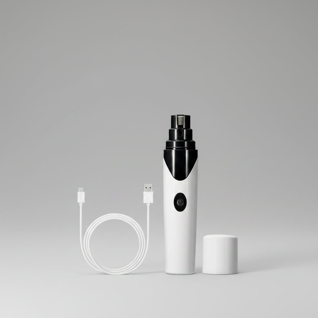White electronic Pet Nail Grinder device with black accents and USB cable on a white background