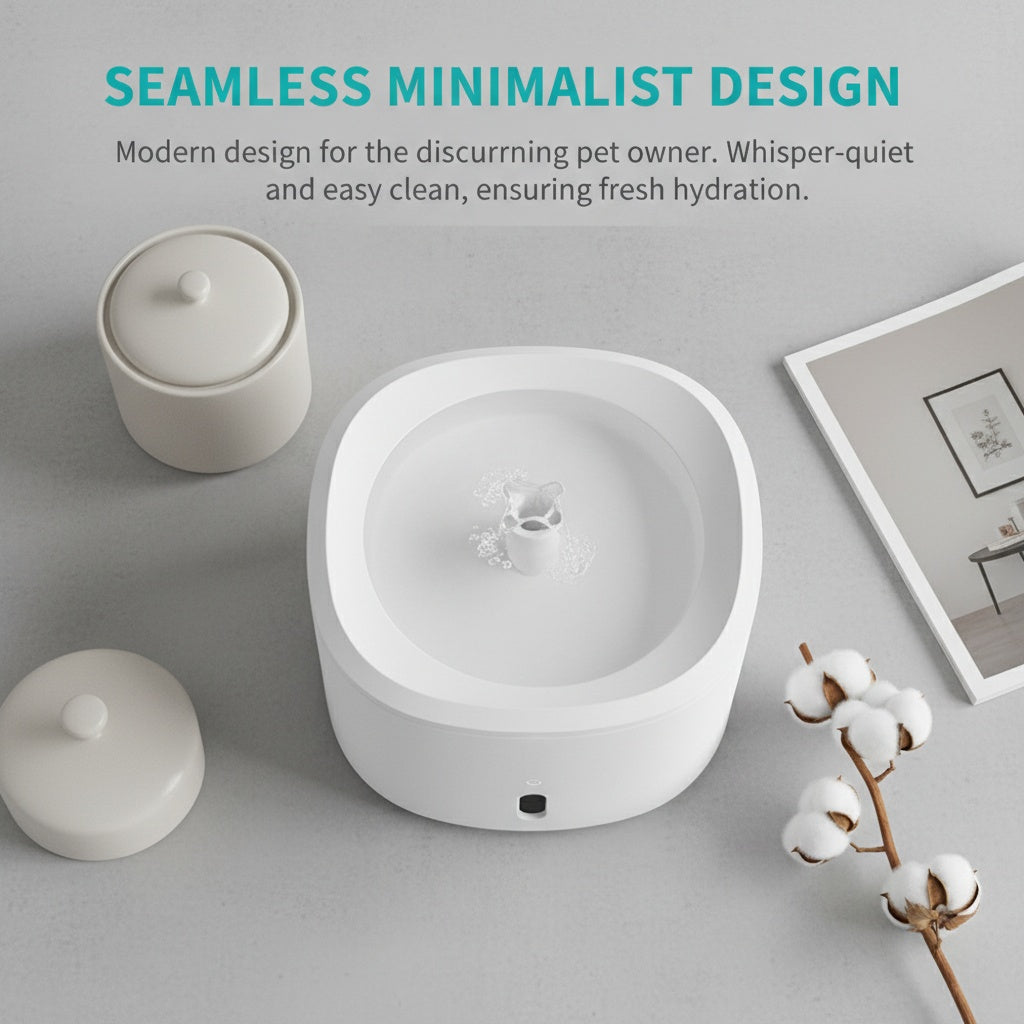 White pet water fountain on a gray surface with minimalistic design text above.
